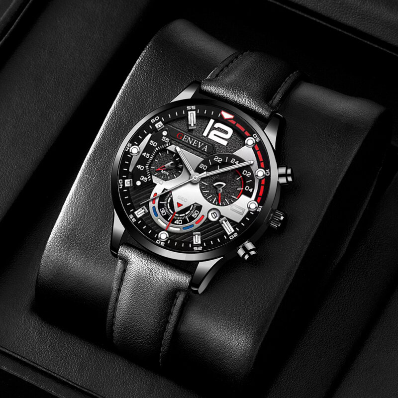 3PCS Set Fashion Mens Calendar Watches Men Business Black Beaded Bracelet Necklace Leather Strap Quartz Wrist Watch Reloj Hombre