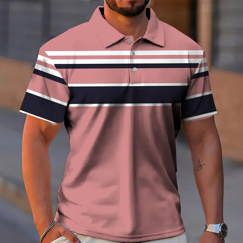 Business Casual Golf Men's Polo Shirts Summer Fashion Short-Sleeve T Shirt Gradient Line Printing Tops Daily Oversized Poloshirt