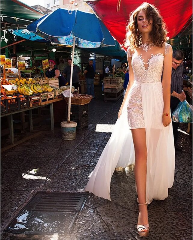 Красивое платье, уникальное Короткое свадебное платье, Кружевная аппликация, облегающее мини-платье со съемным шлейфом, свадебное платье 2024, женское платье для выпускного вечера