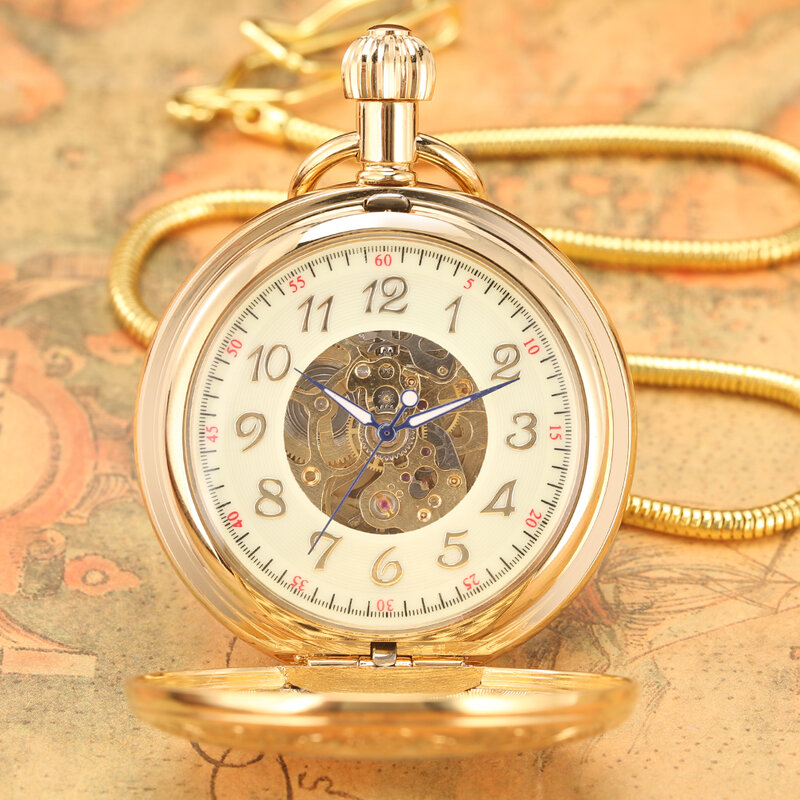 Reloj de bolsillo dorado con cubierta de cobre con números romanos para mujer, reloj colgante automático mecánico clásico con números árabes, regalos