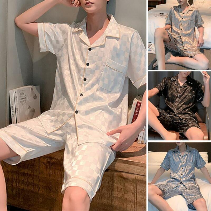 2 Pcs/Set Men Pajamas Set Plaid Print Single-breasted Buttons Loose Homewear Turn-down Collar Elastic Waist Shorts Sleepwear Set