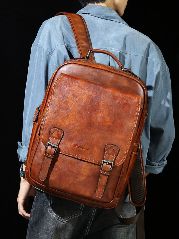 Рюкзак мужской из воловьей кожи, винтажный вместительный повседневный деловой портфель для компьютера, растительного дубления