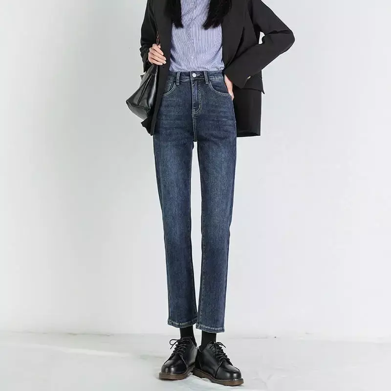 Осень 2022, новые женские облегающие прямые джинсы с завышенной талией