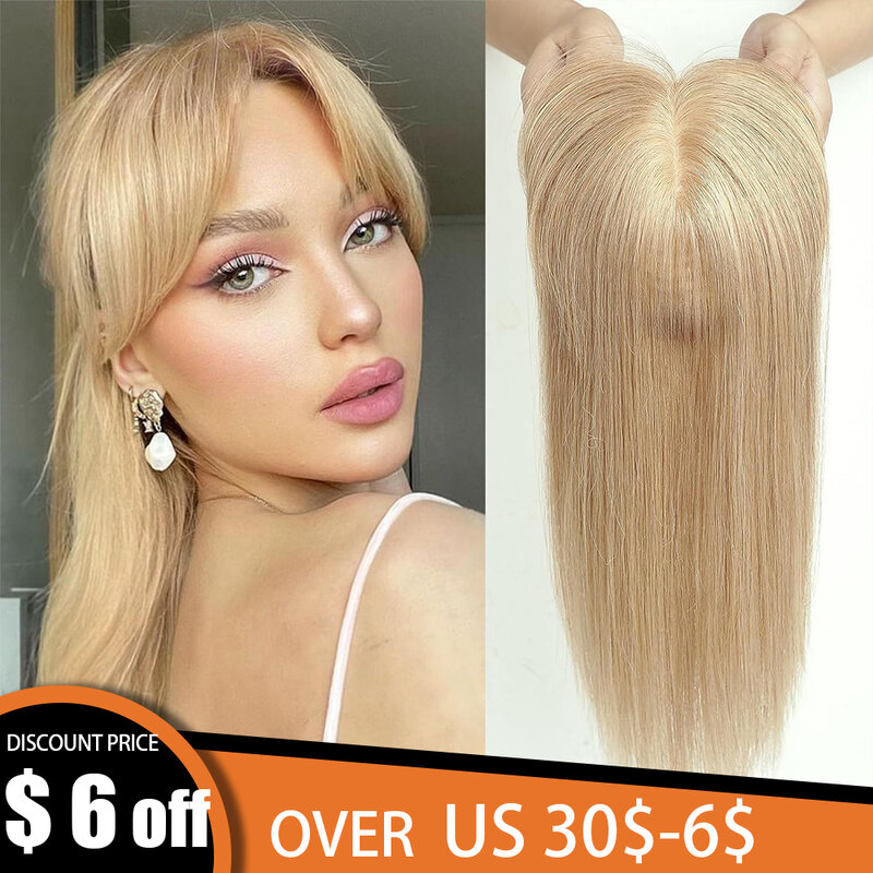 Miodowo-blond 100% nakładki z ludzkich włosów Remy z grzywką kawałki włosów jedwabny klips bazowy z topem dla kobiet z do rzadkich włosów