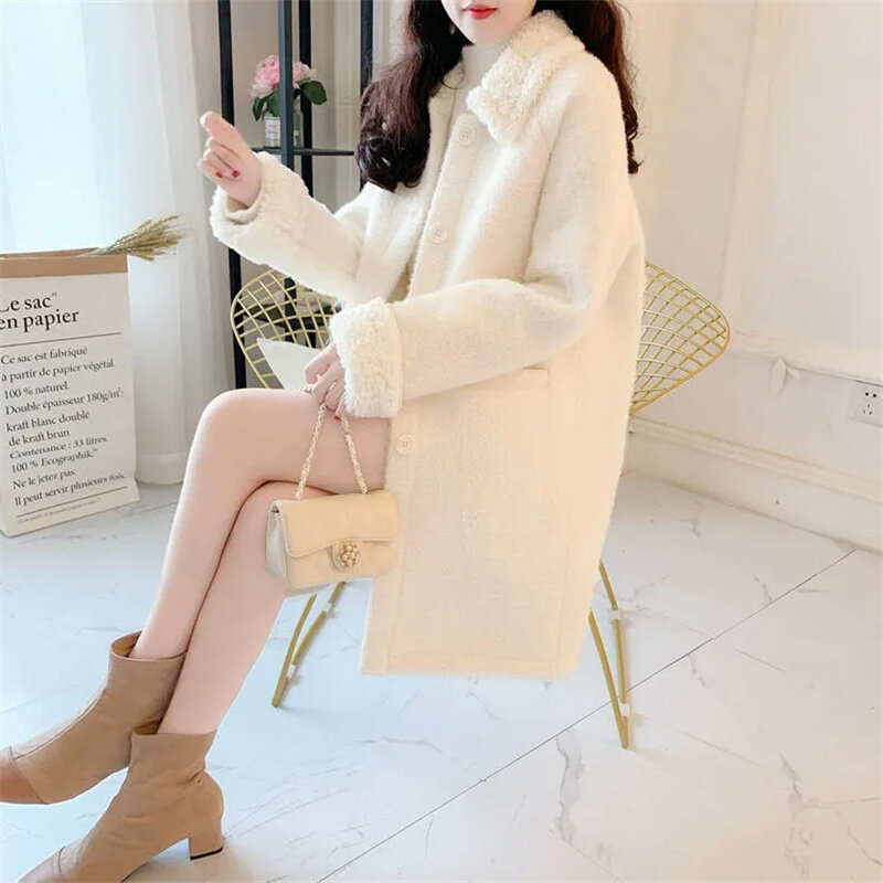 Autumn Winter Women New Korean Fashion Temperament Versatile Loose plush Warm Mid length Imitation Lamb Wool Coat Windbreaker