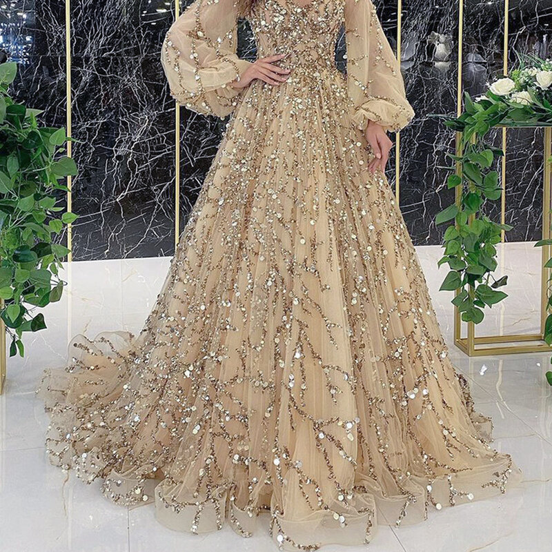 Gaun panjang lengan panjang, gaun malam mewah bermanik emas gaya baru ukuran Plus untuk Ratu Seleb online seksi 2023