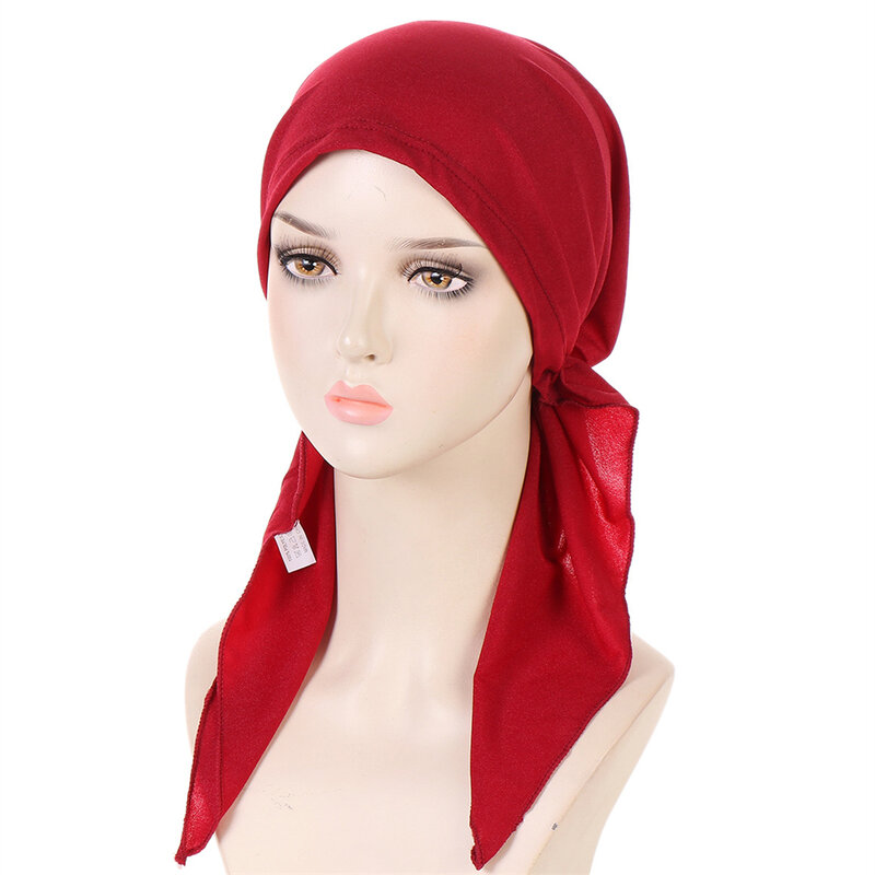 Muslim Women Hijab Stretch Solid Turbante Inner Hat Cancer Chemo Beanies Caps Pre-Tied Scarf Headwear Headwrap Hair Accessories