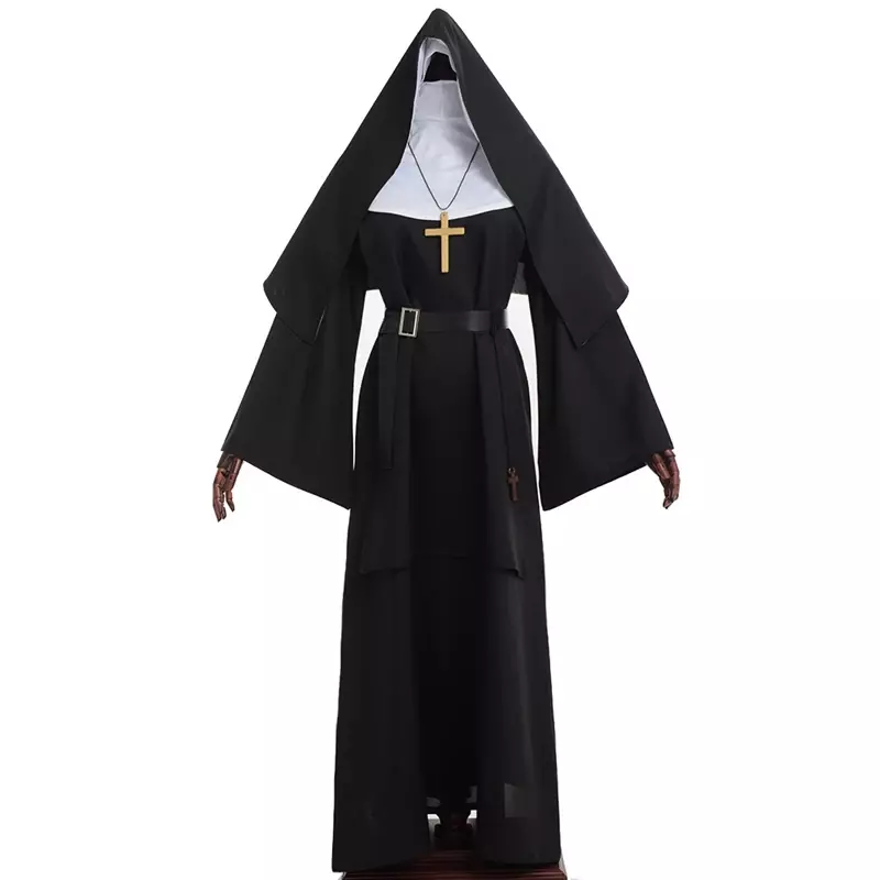 2024 Plus Size Halloween Costumes For Women Scary Nun Cosplay Dress Black Virgin Mary Carnival Demonic Medieval Costume S-3XL