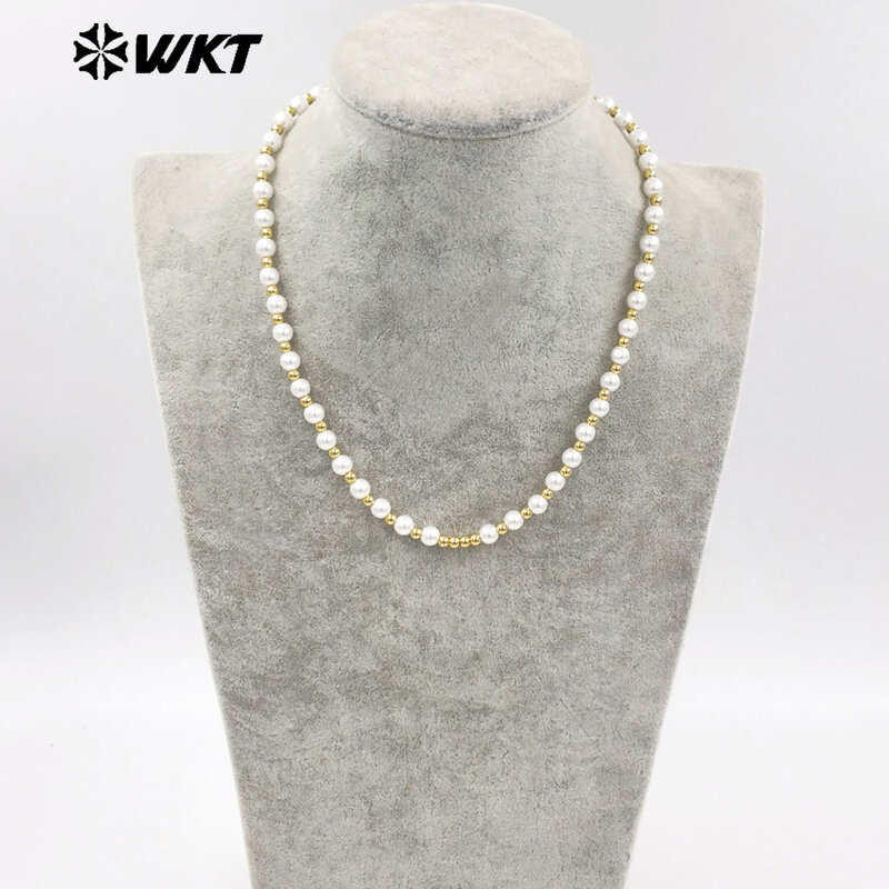 WT-JFN21 WKT 18 Inch Long 6mm Artificial Shell Pearl Space Beads Hand strand Necklace In Real Gold Plated 10PCS