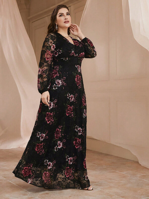 TOLEEN, новинка 2024, женская одежда для весны и лета, кружевное Сетчатое платье с цветочным принтом и рукавами-фонариками, роскошное элегантное вечернее платье