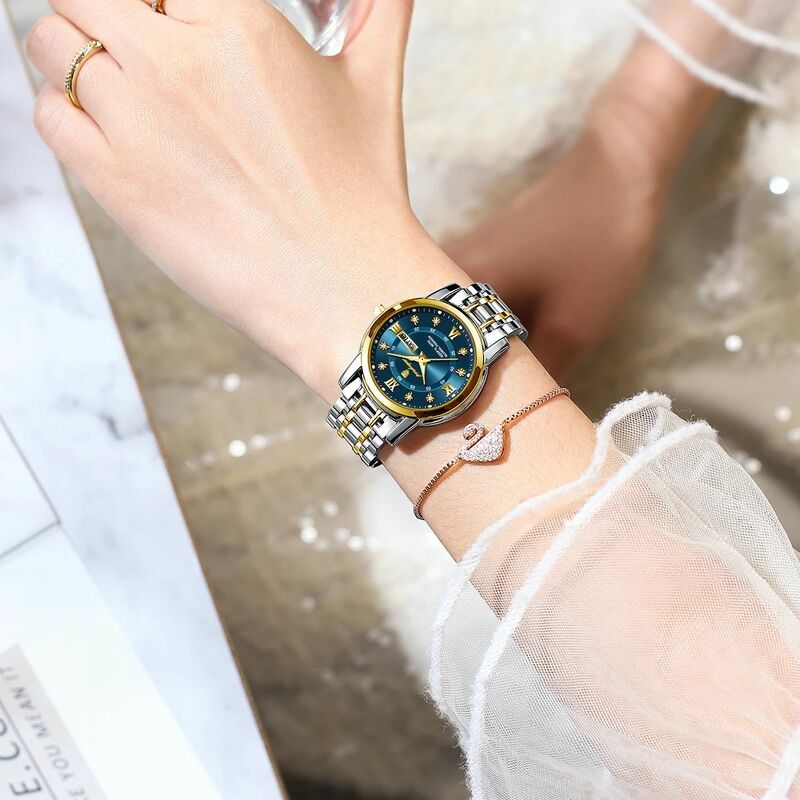 POEDAGAR 여성용 럭셔리 쿼츠 손목시계, 방수 스테인리스 스틸, 야광 날짜, 주간, 원피스 시계