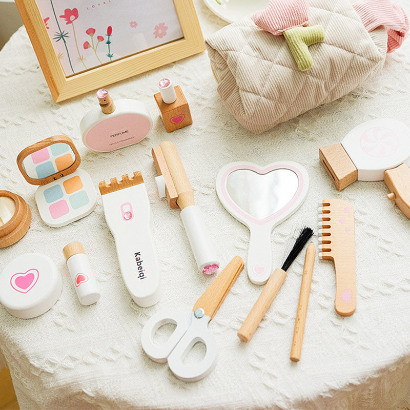 Kit de maquillaje de simulación de madera para niñas, juego de cosméticos para bebés, cosas de lápiz labial de madera, juguetes de belleza y moda
