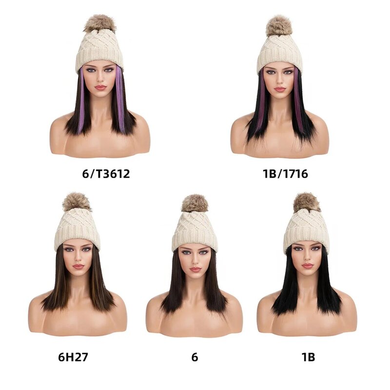 Purple Color Synthetic Hat Wig Beanies With Hair Wigs For Women Long Straight Hair Warm Soft Ski Knitted Autumn Winter Cap