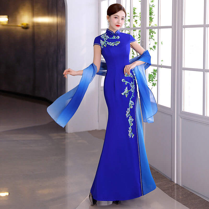 Blauw Sexy Satijn Chinese Jurken Jurk Vrouwen Grote Size Slim Qipao Lange Pailletten Avond Party Mermaid Cheongsam Elegante Vestidos