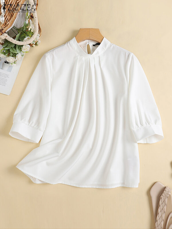 Осенняя Повседневная Свободная рубашка ZANZEA, женская блузка с рукавом 3/4 и воротником-стойкой, модная однотонная туника, топы, элегантные женские блузы 2023