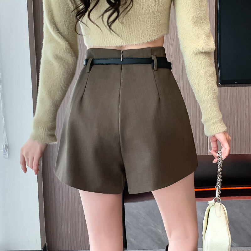 Graue unregelmäßige Damen röcke Shorts mit Gürtel 2024 fallen hohe Taille elegante Mode Büroarbeit kurze Hosen