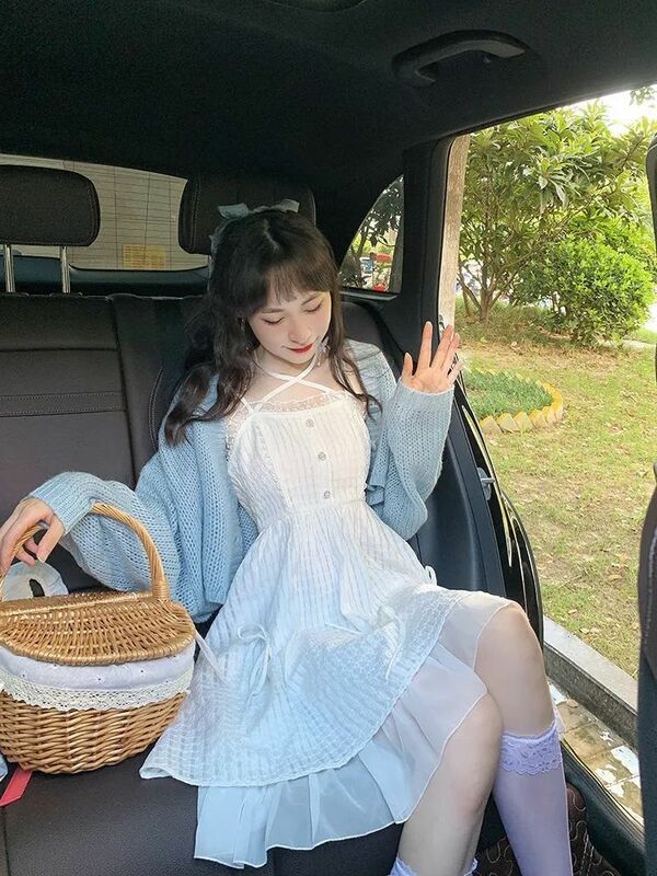 Korean Sweet Princess Dress Women White Bow Casual Vintage Fairy Dress Female Spring Slim Sleeveless Party Dresses