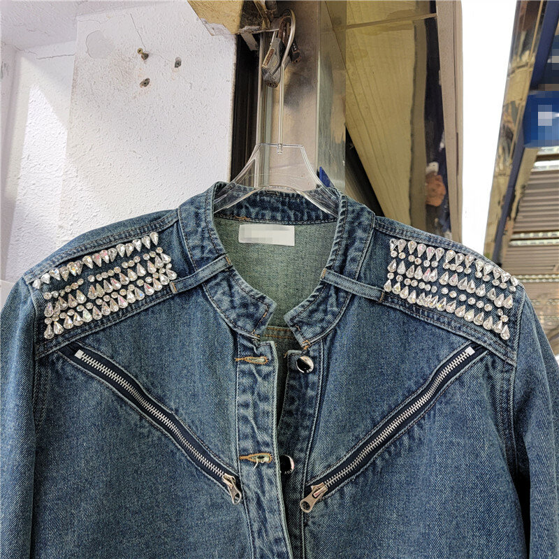 2023 Fashion Denim Jacket Women's New Vintage Diamond Beading High Waist Zipper Short Bomber Punk Jackets Women Outercoat