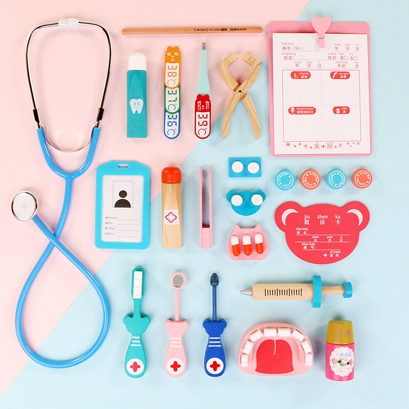 Dental Toy Children's Medical Dentist Game Simulation Wooden Medical Tool Kit Costume Cosplay Doctor Bag Kids Role Play Toys