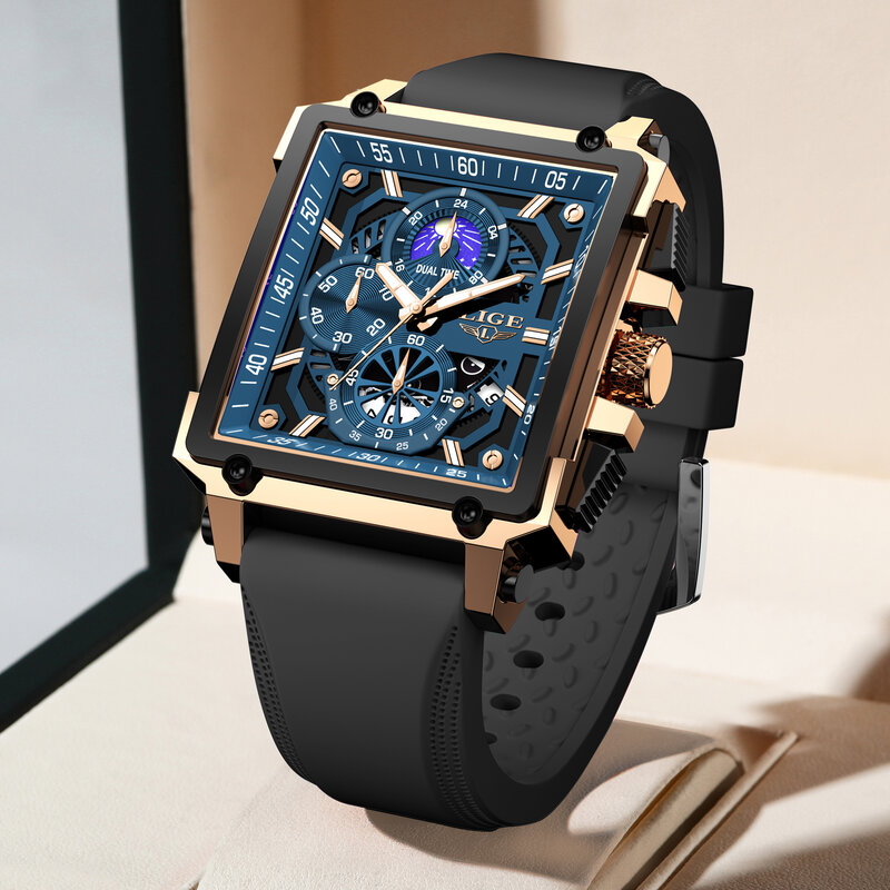 Big LIGE 남성용 실리콘 스트랩, 럭셔리 할로우 쿼츠 시계, 방수 발광 날짜, 스포츠 손목 시계, 최고 품질