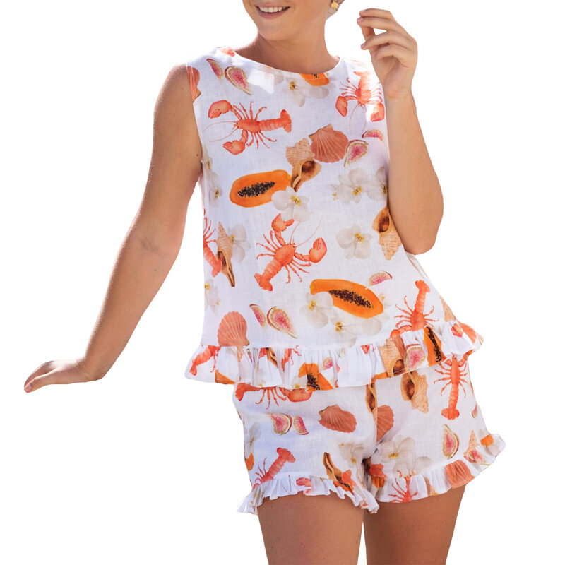 Set pakaian wanita 2 potong rompi celana pendek kotak-kotak/motif Lobster Tank Top tanpa lengan dengan celana pendek Hem kerut pinggang elastis pakaian pantai musim panas
