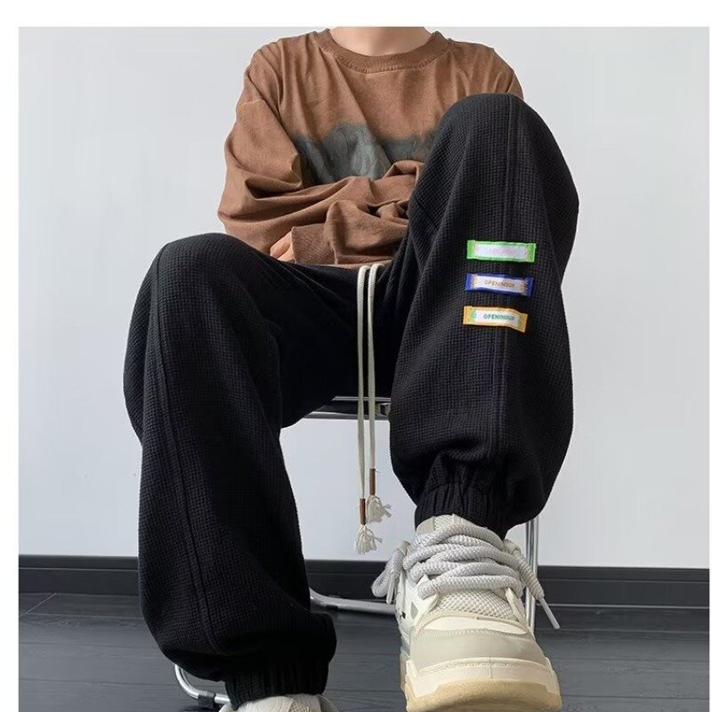Pantalones holgados de cintura elástica para hombre, ropa de calle de moda coreana, Pantalones anchos con cordón, Y2K