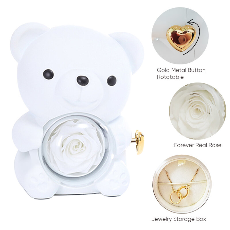 Hot Sale Gift Ideas 2024 White Real Rose Bear with Necklace Valentine's Mother's Day Birthday Gift for Women Girl Daughter Son