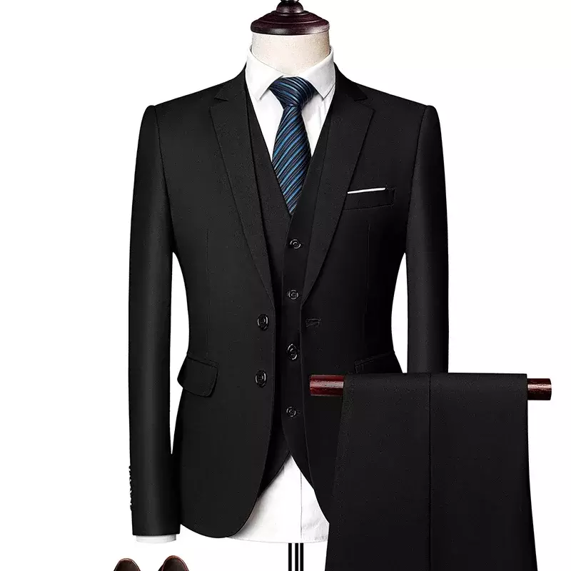 男性用の単色ビジネスブレザースーツセット,カジュアルなスリムフィット,フォーマルな結婚式のドレス,ジャケット,ベスト,パンツ,3ユニット