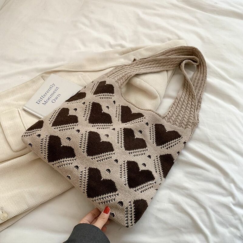 Large Capacity Knitted Shoulder Bags Fashion Love Pattern Shopping Tote Handbags Travel Student Books Bag Girls