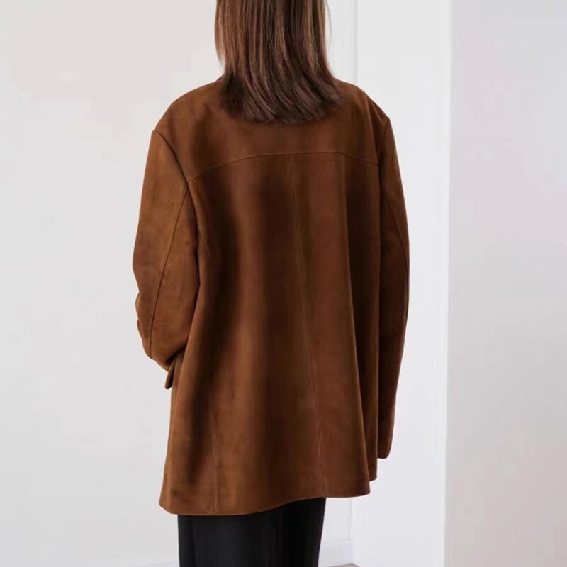 Jaket Suede karamel antik Retro untuk wanita, jaket kulit asli kelas atas longgar pas 2023, mantel panjang sedang