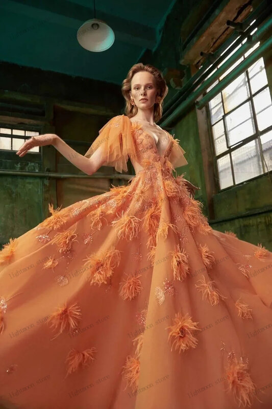 Glamoureuze Avondjurken A-Lijn Taft Prom Dress Veren Gewaden Versieren Voor Formele Feest V-Hals Backless Vestidos De Gala