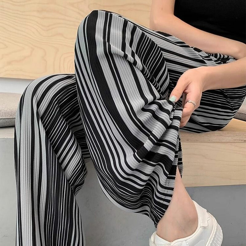 Summer Striped Casual Pants Korean Wide Leg Women's Clothing Contrasting Colors High Waist Elastic Fashion Drawstring Trousers