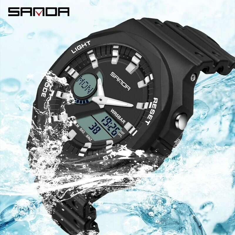 SANDA 6016 New Sports Casual  Mens Watch Chronograph Running 50M Waterproof LED Noctilucent Dual Display Quartz Mens Watches