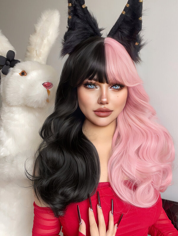 Wig sintetik separuh HITAM Pink 26 inci dengan Wig rambut bergelombang alami panjang untuk wanita penggunaan sehari-hari Cosplay pesta tahan panas