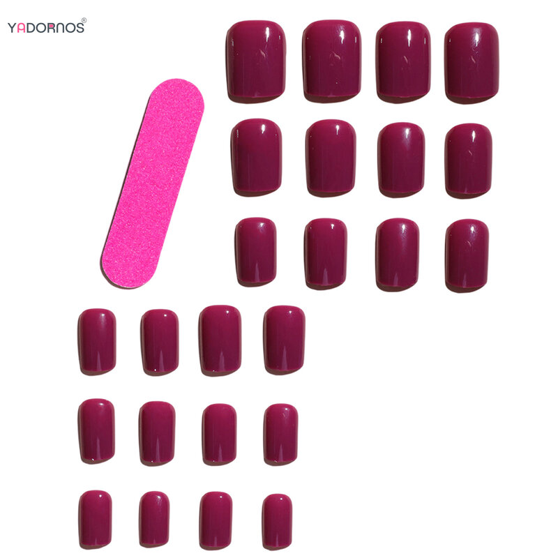 Uñas postizas de color púrpura liso para mujer, uñas postizas cortas cuadradas, manicura Simple, cubierta completa, usable, 24 piezas