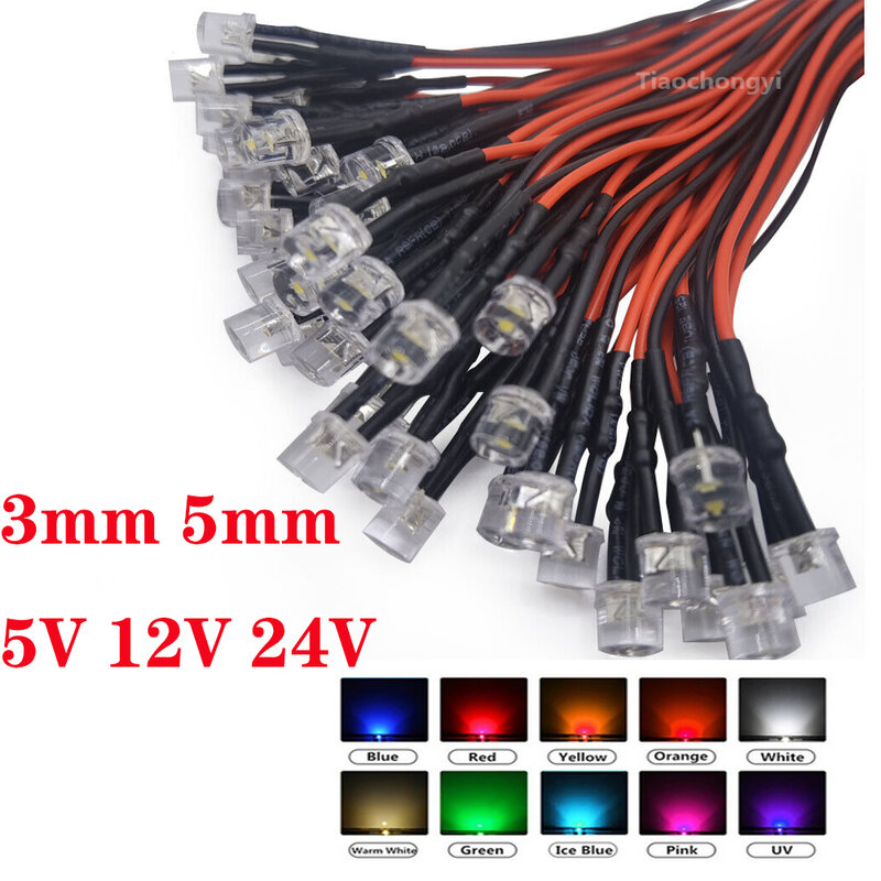 20 piezas LED rojo RGB precableado, 3mm/5mm, 5V, 12V, 24V, diodos emisores de luz plana transparente