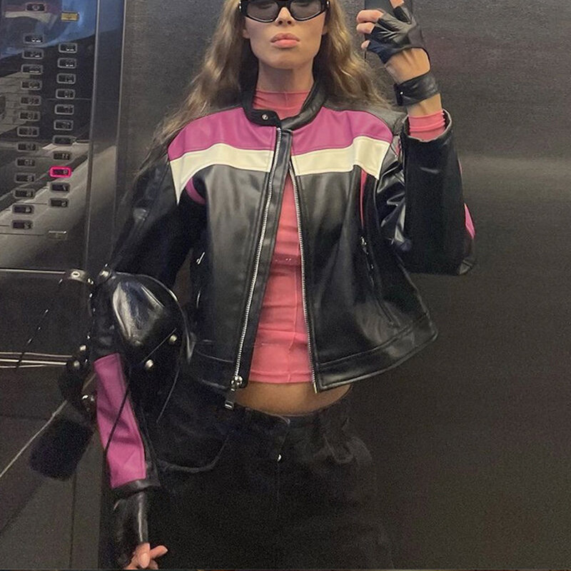 Goth Dark Bikercore-chaquetas de Moto de piel sintética para mujer, abrigos con cremallera, Color de contraste, CIBER Y2k, Punk, gótico, bolsillo, ropa de calle delgada