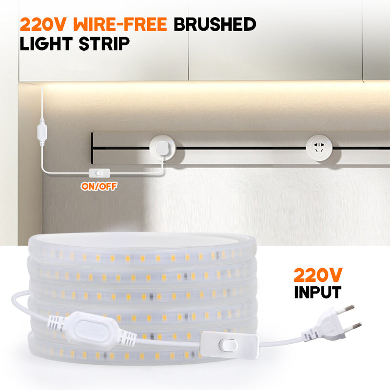 Impermeável LED Strip Light com interruptor, Natural White Ribbon, fita de corda, alta brilhante, 220V, 2835, 120LEDs por m