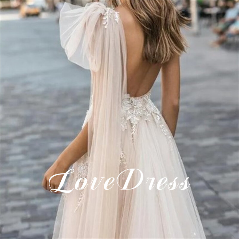 Love-vestido de novia elegante con apliques de encaje, traje de tul con lazo, un hombro, champán, línea a, largo hasta el suelo, sin mangas