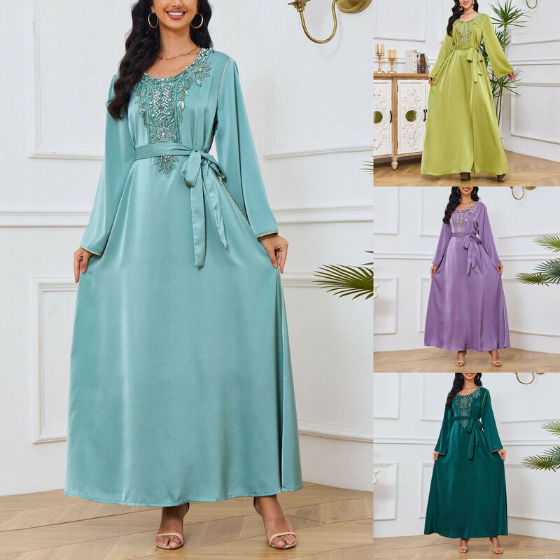 Женское Повседневное платье с круглым вырезом, длинное платье в мусульманском стиле с цветочным принтом и бусинами, лето