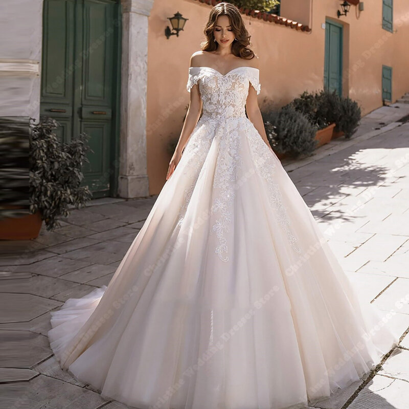 Elegant Puff Bright Tulle Wedding Dress Sexy Lace A-line Bridal Gowns Gorgeous Styles Palace Wedding Gathering Vestidos De Novia