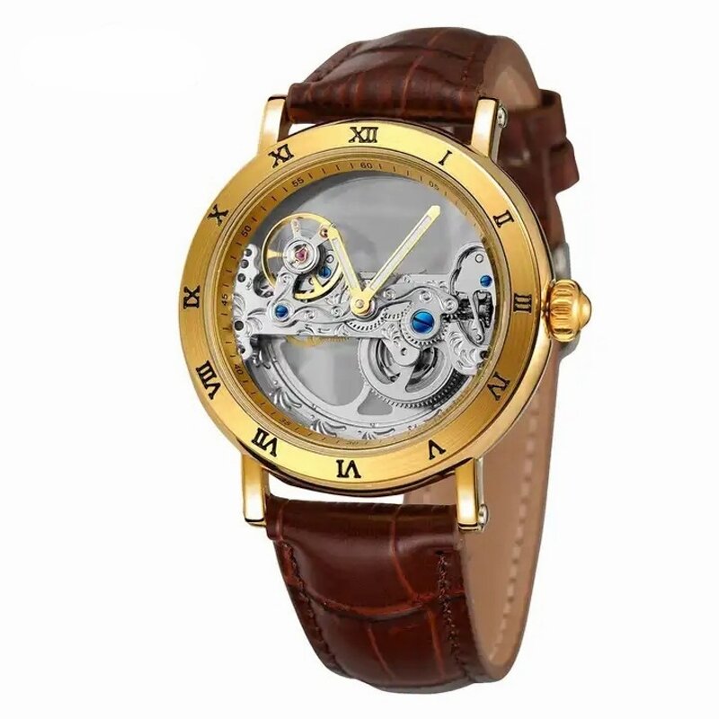 Orologio da uomo scheletro cinturino in pelle di mucca orologio da polso alla moda orologio meccanico con piastra dorata