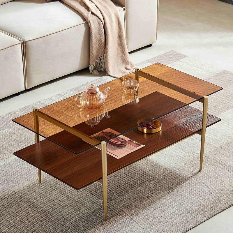 거실용 투명 이중층 유리 커피 테이블, 투명 유리 및 커피 다크 브라운 바닥 선반, 커피 테이블