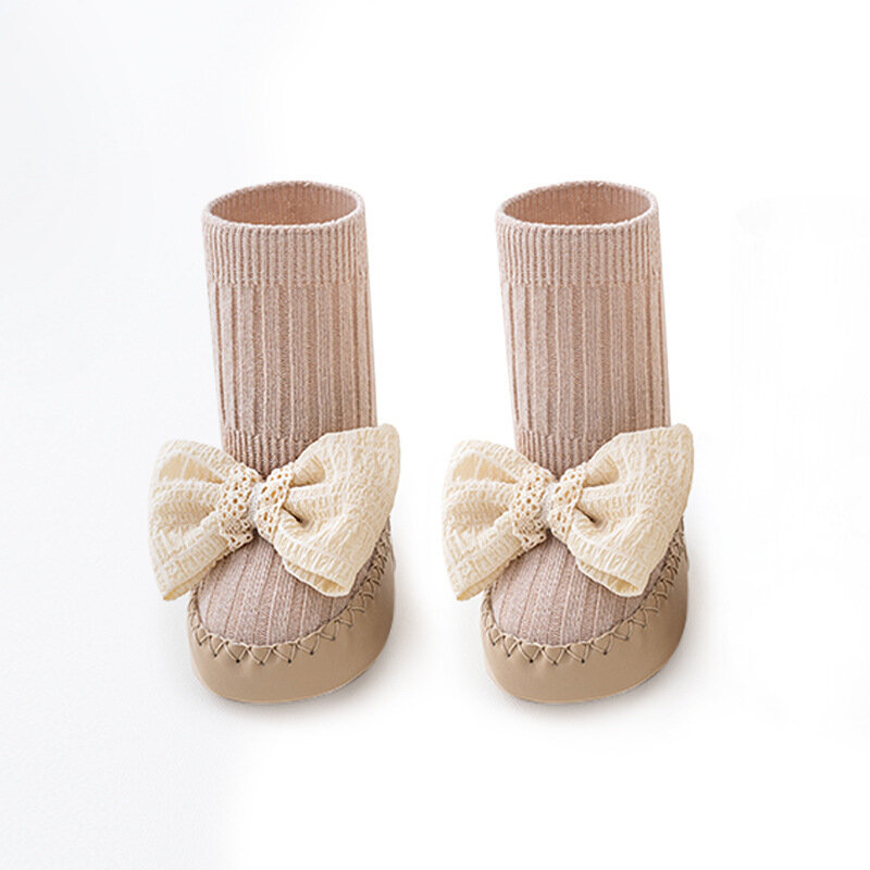 Cute Baby Floor Shoes Socks Bow Tie Leather Bottom Socks Toddler Indoor Anti-slip Shoes and Socks Spring Summer