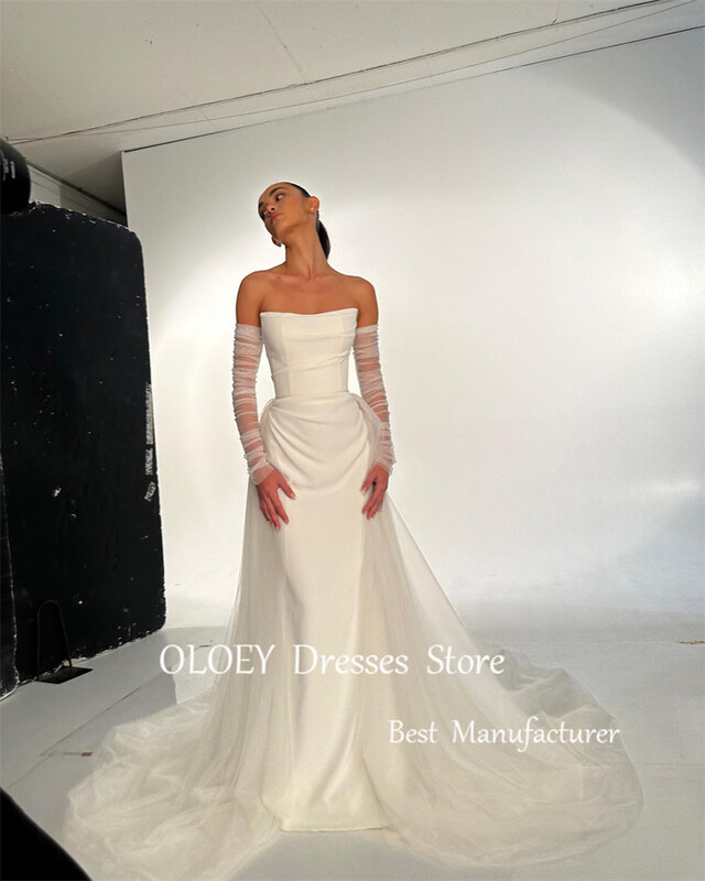 OLOEY Simple Strapless Stretch Wedding Dresses With Detachable Train Tulle Gloves Sleeves Bridal Gowns Vestido de noiva 2024