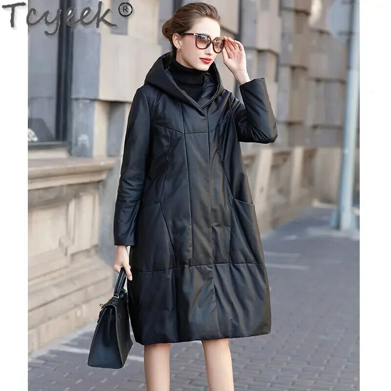 Tcyeek-우아한 양모 코트 여성용, 따뜻한 다운 재킷, 느슨한 중간 길이 정품 가죽 자켓, 여성 의류 LM, 2023 겨울