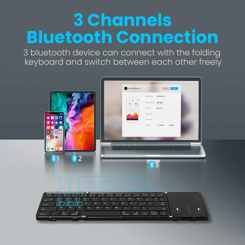 BOW-Teclado Dobrável Sem Fio, Touchpad, Recarregável, Bluetooth, para Tablet, iPad, Coreano, Rússia