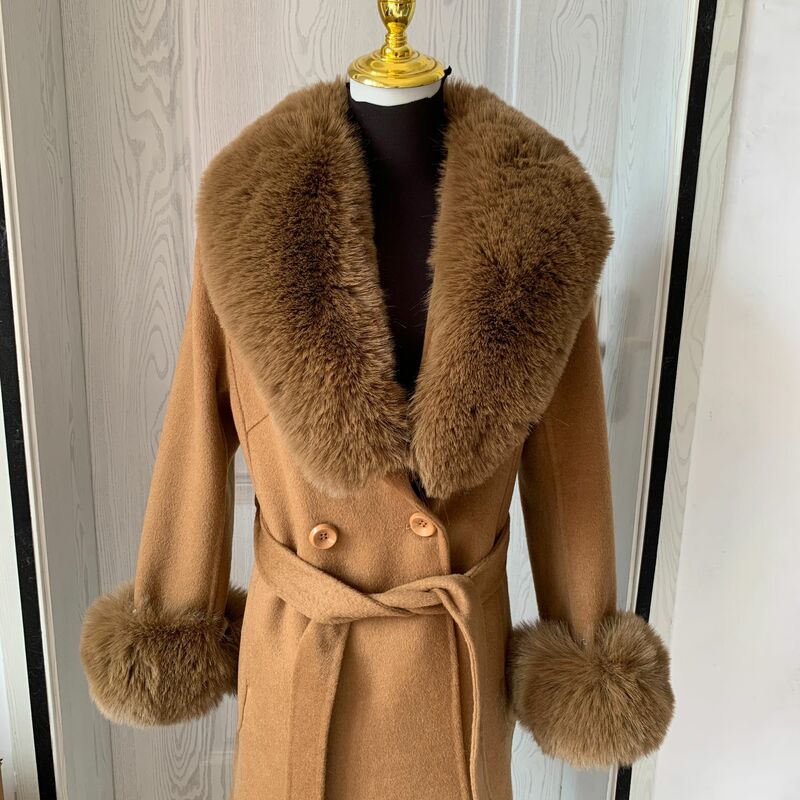 Manteau en laine avec fausse fourrure pour femme, veste en laine double face, fourrure artificielle, moelleux, bouche de leader, chaud, hiver, nouveau