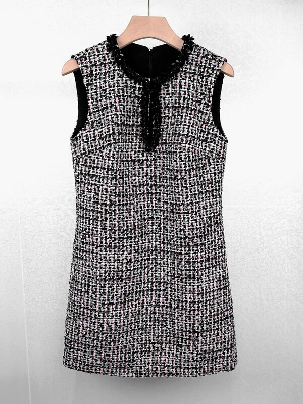 Women Sequin Beaded Tweed Dress Color Contrast O-Neck Sleeveless Straight Elegant Summer 2024 Mini Robe