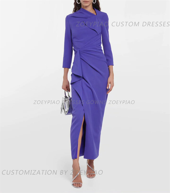 Dunkel violette kurze vordere Schlitz Abendkleider Satin Vintage Party kleid Langarm formelle Ballkleider Robe de Soirée Vestido